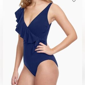 Profile by Gottex Tutti Frutti Ruffled One-Piece Swimsuit Navy Size 12 NWT